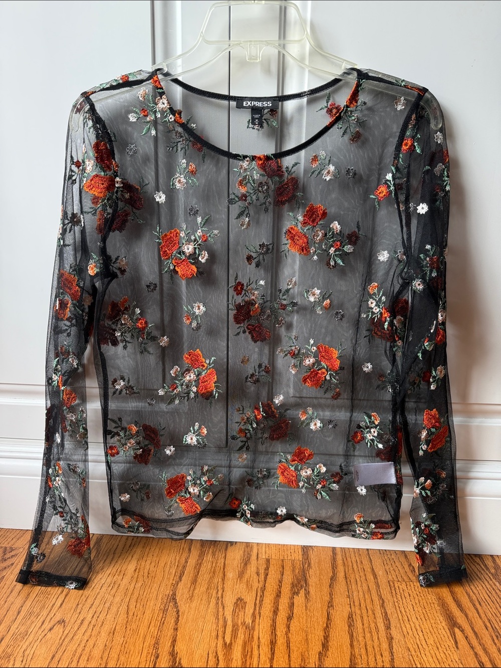 Express Black Sheer Floral Embroidered Long Sleeve Tee - Red & Orange Blooms